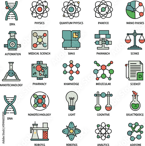 Science and Technology Icon Set Featuring DNA Helix, Atom Models, Robotics, Nanotechnology, Medical Research, Laboratory Equipment, and Quantum Physics Illustrations