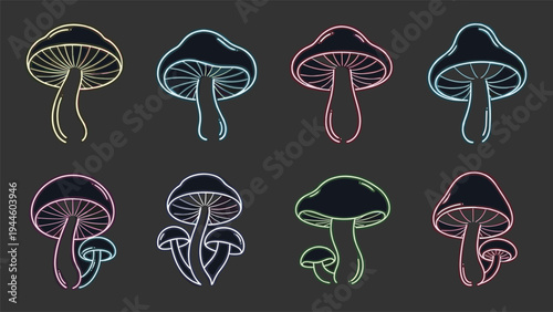 Mushroom neon icon collection with vibrant glowing fungus and linear elementsMushroom neon icon collection with vibrant glowing fungus and linear elements