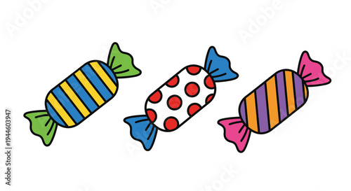 Colorful wrapped candies illustrated in a simple doodle style