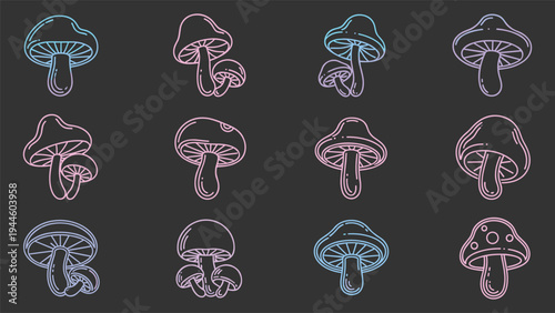 Mushroom neon glowing icon set with vibrant pink and blue fungusMushroom neon glowing icon set with vibrant pink and blue fungus