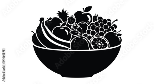 A black and white illustration of a bowl overflowing with various fruits