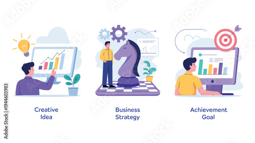Creative idea business strategy and achievement goal concept set with people working on analytics planning and target success vector illustration
