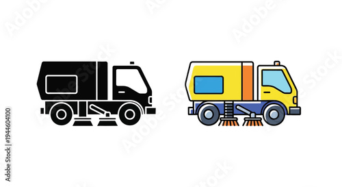 Street sweeper truck illustration outlined and colored versions shown side by side