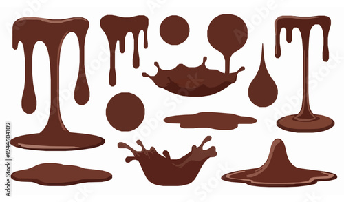 Realistic melted chocolate drips drops splashes and puddles sweet dessert vector set