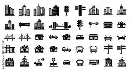 Black and white icons depicting city buildings transport and road signs