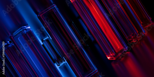 Transparent iridescent glass tech elements with vibrant violet purple blue glowing reflections on dark backdrop modern digital design banner background 3d rendering