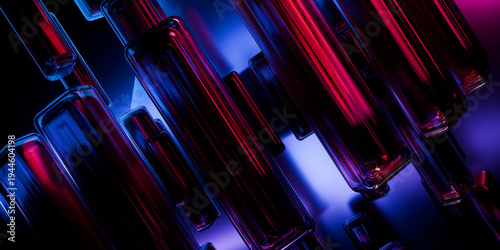 Bild auf Leinwand Abstract crystal glass shapes with holographic neon blue violet red light disper