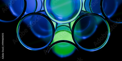 Holographic transparent crystal shapes with iridescent neon violet blue red glow on black backdrop cinematic futuristic tech banner design visuals 3d rendering