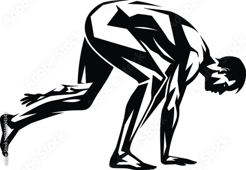 Flat vector black and white silhouette of sprinter athlete in crouched starting position, sports competition illustration, fitness training concept design art