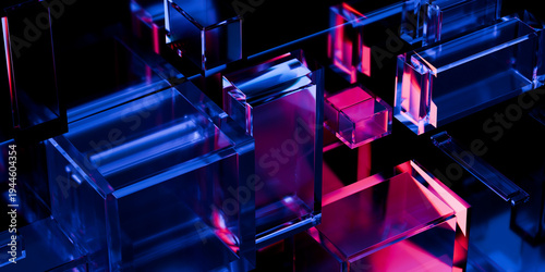 Iridescent transparent glass geometric shapes with holographic purple violet blue neon glow on dark black backdrop futuristic tech wallpaper background 3d rendering