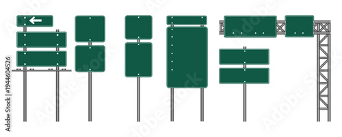 Green road signboard vector set for direction and highway information. Green traffic signs.
