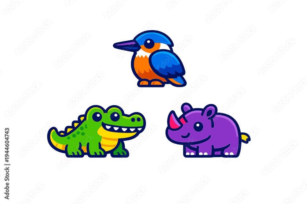 Obraz premium Three stylized vector illustrations of a blue kingfisher, a green crocodile, and a purple rhinoceros. The cute animal characters feature thick outlines and vibrant colors on a black background.