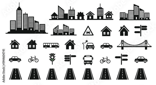 Black and white cityscape icons featuring buildings roads and transportation