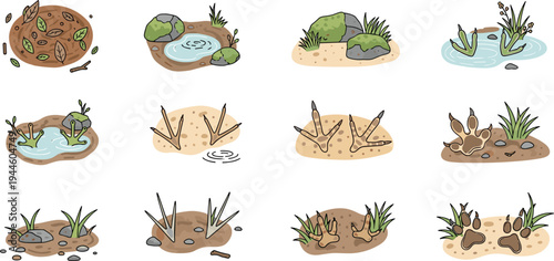 Animal footprint and track vector collection featuring bird paws dog and wildlife mud prints for nature exploration forest floor and wilderness habitat illustration designs.