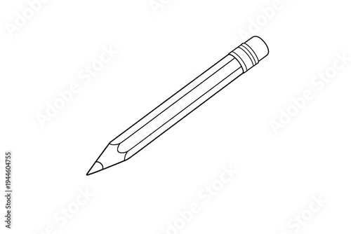 A minimalist line drawing of a standard pencil with an eraser tip, depicted in a diagonal orientation. The illustration features clean white outlines on a solid black background.