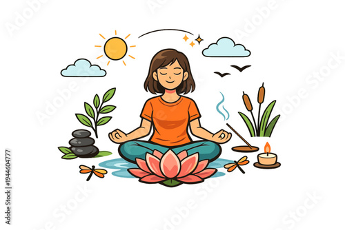 A cartoon illustration of a woman meditating in a lotus position on a pink flower, surrounded by nature elements like the sun, clouds, incense, and zen stones on a black background.