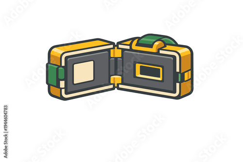 A stylized vector illustration of an open yellow and green portable case or electronic device with a dark interior and rectangular screens, set against a black background.