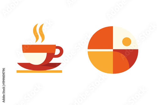 A minimalist flat vector illustration featuring a steaming orange coffee cup on a saucer next to a circular plate divided into four colorful sections on a black background.