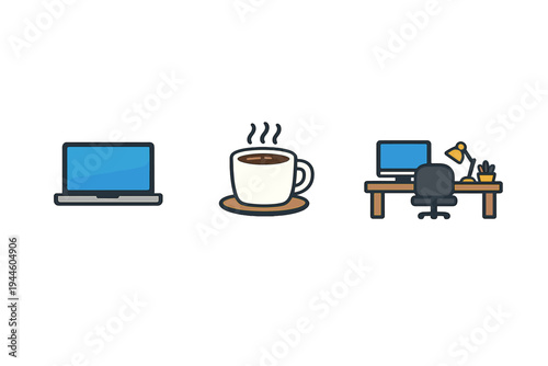 Three flat icons representing remote work and office life, featuring a laptop, a steaming cup of coffee, and a complete desk setup with a monitor, chair, and lamp on a black background.