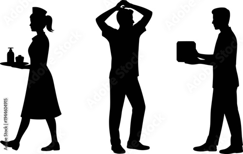 Waitress silhouette, stressed worker illustration, delivery person with package, occupation concept design