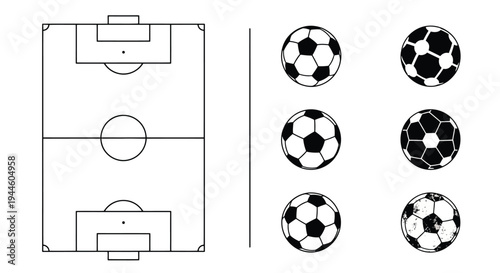 A top down view of a soccer field with several illustrated soccer balls