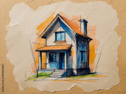A sketch of a two-story residential house is made on textured paper using ink and markers. Blue and red shadows emphasize the architectural form against a neutral beige background.