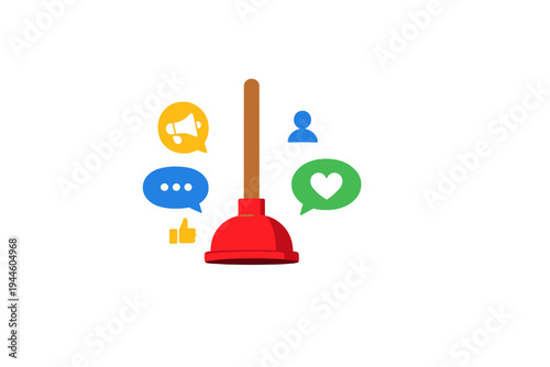A red plunger with a wooden handle is surrounded by colorful social media icons including a megaphone, heart, and thumbs up, all set against a solid black background.