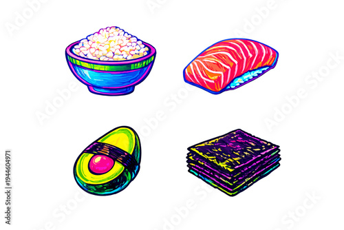 A collection of four neon-colored digital illustrations featuring a bowl of rice, salmon nigiri, an avocado half, and a stack of nori sheets isolated on a black background.