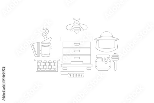 A collection of white beekeeping icons on a black background featuring a beehive, honey bee, smoker, protective hat, honeycomb frame, honey jar, dipper, and a brush for apiary work.