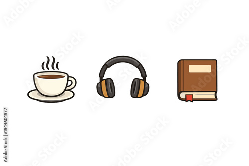 This graphic shows three stylized icons including a white cup of hot coffee with steam, black and gold headphones, and a brown hardcover book with a red bookmark on a black backdrop.