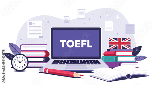 Student preparing for TOEFL English language test with laptop books and study materials, international exam preparation and education concept illustration