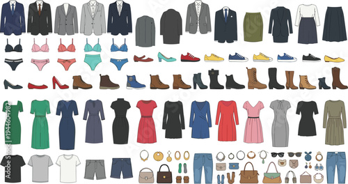 Fashion apparel and accessories collection, business suits, dresses, underwear, footwear, bags and jewelry, flat style vector illustration isolated