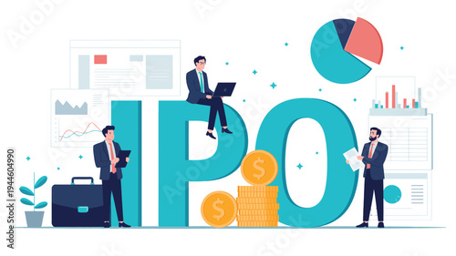 IPO concept with business people around large IPO letters, stock market investment, public offering finance growth and startup funding vector illustration