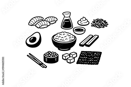 This minimalist black and white graphic shows a collection of sushi ingredients and tools like nigiri, soy sauce, chopsticks, wasabi, ginger, and nori on a black backdrop.