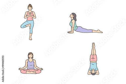 Four simple illustrations of individuals performing different yoga exercises like the tree pose, cobra pose, seated meditation, and a headstand against a white background.