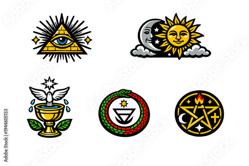 A collection of five mystical symbols including the eye of providence, sun and moon, holy grail with a dove, ouroboros, and a pentagram, all set against a solid black background.