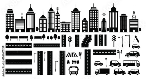 A collection of black silhouette urban elements including buildings roads and vehicles