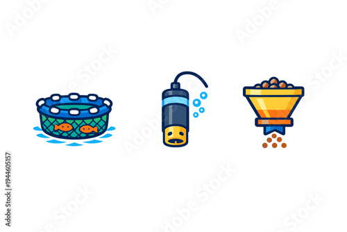 This set of three flat vector icons illustrates modern aquaculture equipment featuring a circular fish net cage, an underwater water quality sensor, and an automatic pellet feeder.