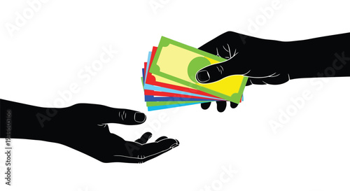 Hands exchanging colorful money representing a transaction or payment