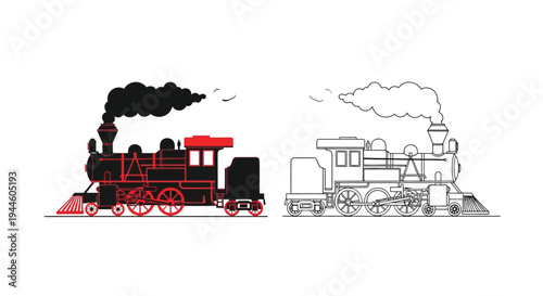 Stylized illustration of a vintage steam locomotive in two color schemes