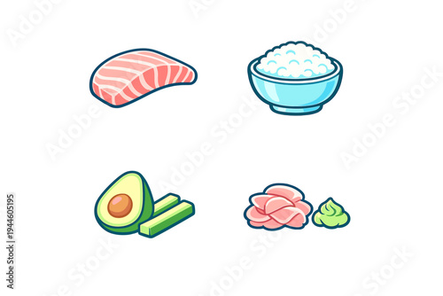 A collection of cartoon illustrations featuring sushi ingredients including raw salmon, a bowl of white rice, avocado, cucumber sticks, pickled ginger, and wasabi on a black background.