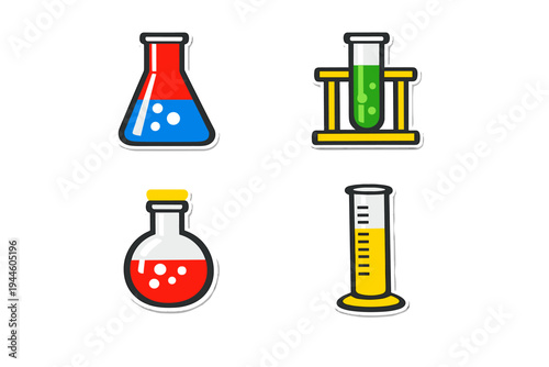 A set of four colorful laboratory glassware icons featuring an Erlenmeyer flask, a test tube in a rack, a round-bottom flask, and a graduated cylinder with bubbling liquids on a black background.