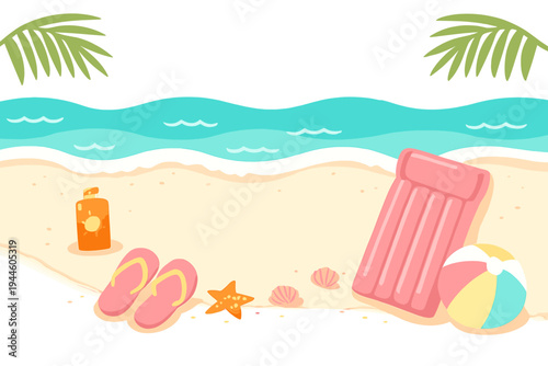 A colorful cartoon illustration of a tropical beach featuring a pink air mattress, beach ball, flip-flops, sunscreen, and seashells on the sand with ocean waves and palm leaves.