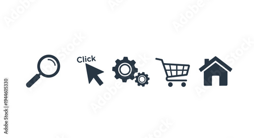 A row of dark blue icons representing search click settings shopping and home