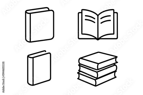 A set of four minimalist line icons depicting books in various positions, including a closed book, an open book, and a stack of three books, all rendered in white on black.