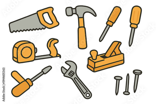 A collection of various hand tools including a saw, hammer, screwdrivers, wrench, and hand plane illustrated in a cartoon style with yellow handles against a solid black background.