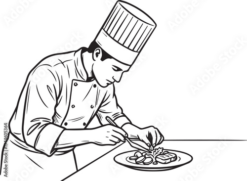 Chef vector with traditional hat, plating food, and detailed culinary presentation design