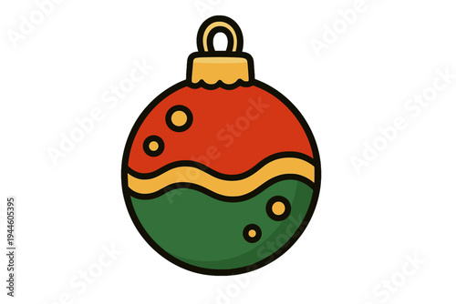 A colorful Christmas bauble illustration featuring a red top and green bottom separated by a yellow wavy line. The ornament has yellow dots and a gold cap on a black background.
