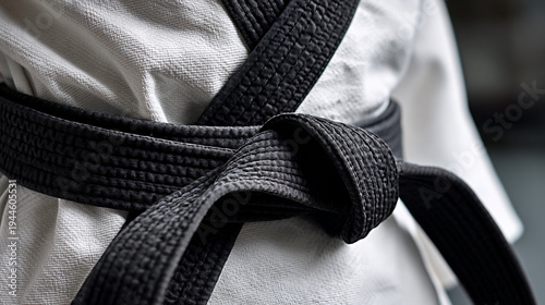 Close up of tied black belt on karate gi, showcasing the texture and details of the fabric, with a clean and minimal background emphasizing the martial arts uniform