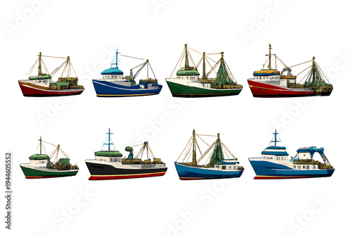 Models of fishing boats arranged in a row on a plain background